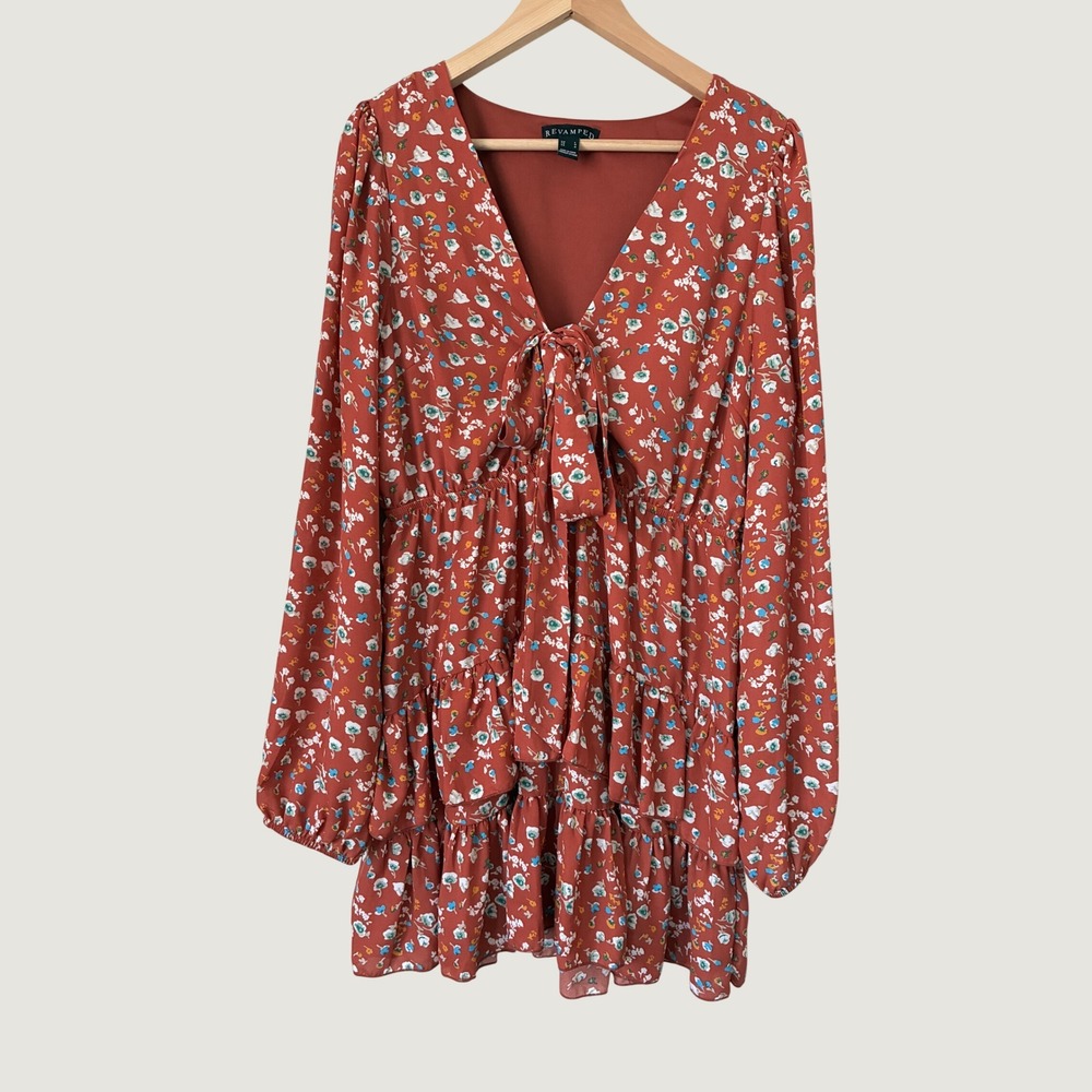 Revamped Rust Red Floral Boho Cottagecore Fall Tiered Mini Dress L Long Sleeve